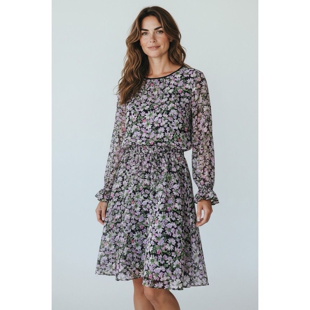 ZARA Womens Floral Chiffon A-Line Short Dress Smocked Sheer Keyhole Sz MEDIUM - Picture 1 of 7